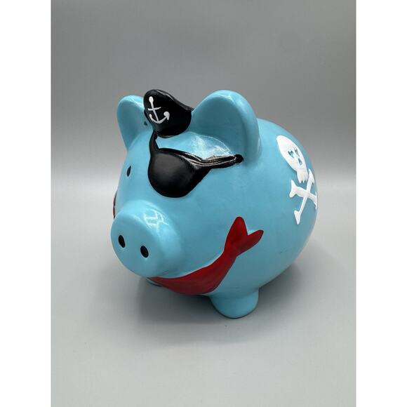 Pirate Pig Skull and Crossbones Piggy Bank Blue Black White Red 6” - Picture 1 of 11